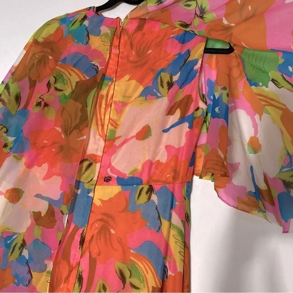 Vintage 60’s 70’s Orange Pink Blue Floral Capelet Chiffon Maxi Dress M Boho - Picture 8 of 16